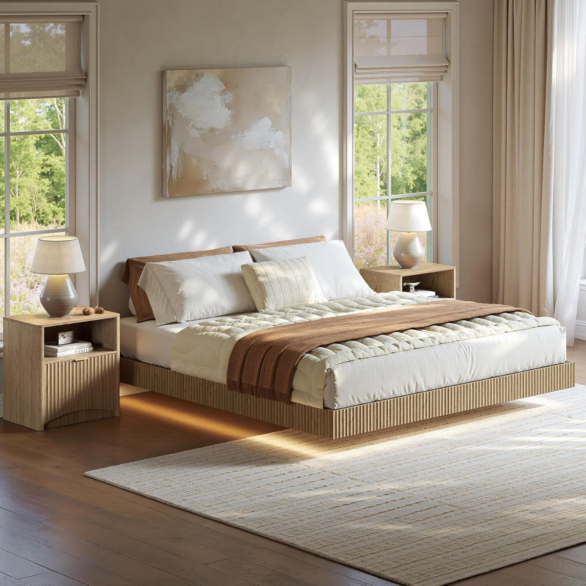 Angled side view of a Queen floating bed in Natural Beech highlighting fluted detailing and a single nightstand