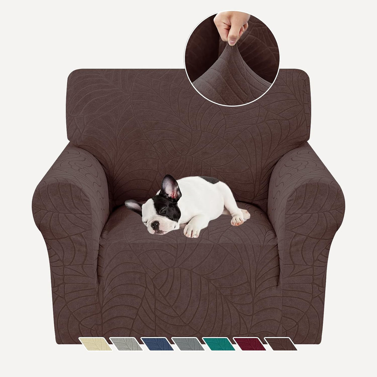 Single armchair with brown textured stretch slipcover and small sleeping black-and-white dog