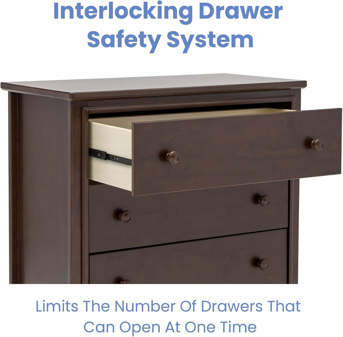 Close-up of top drawer pulled open showing interior and metal glide on a dark walnut dresser.