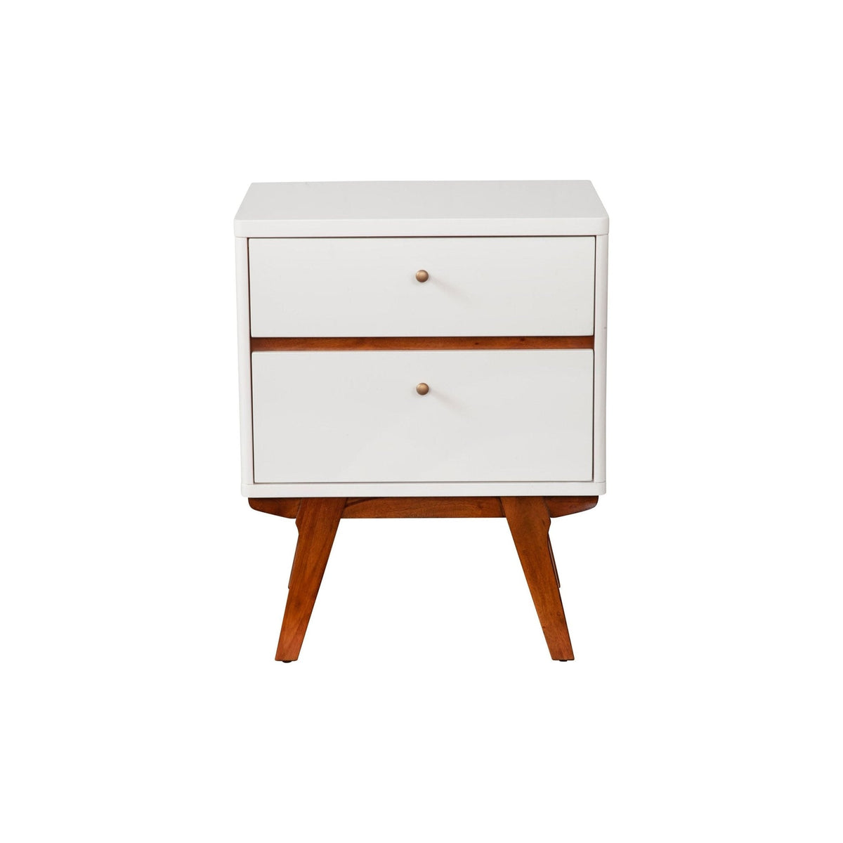 Straight-on view of a white two-drawer nightstand with acorn accents