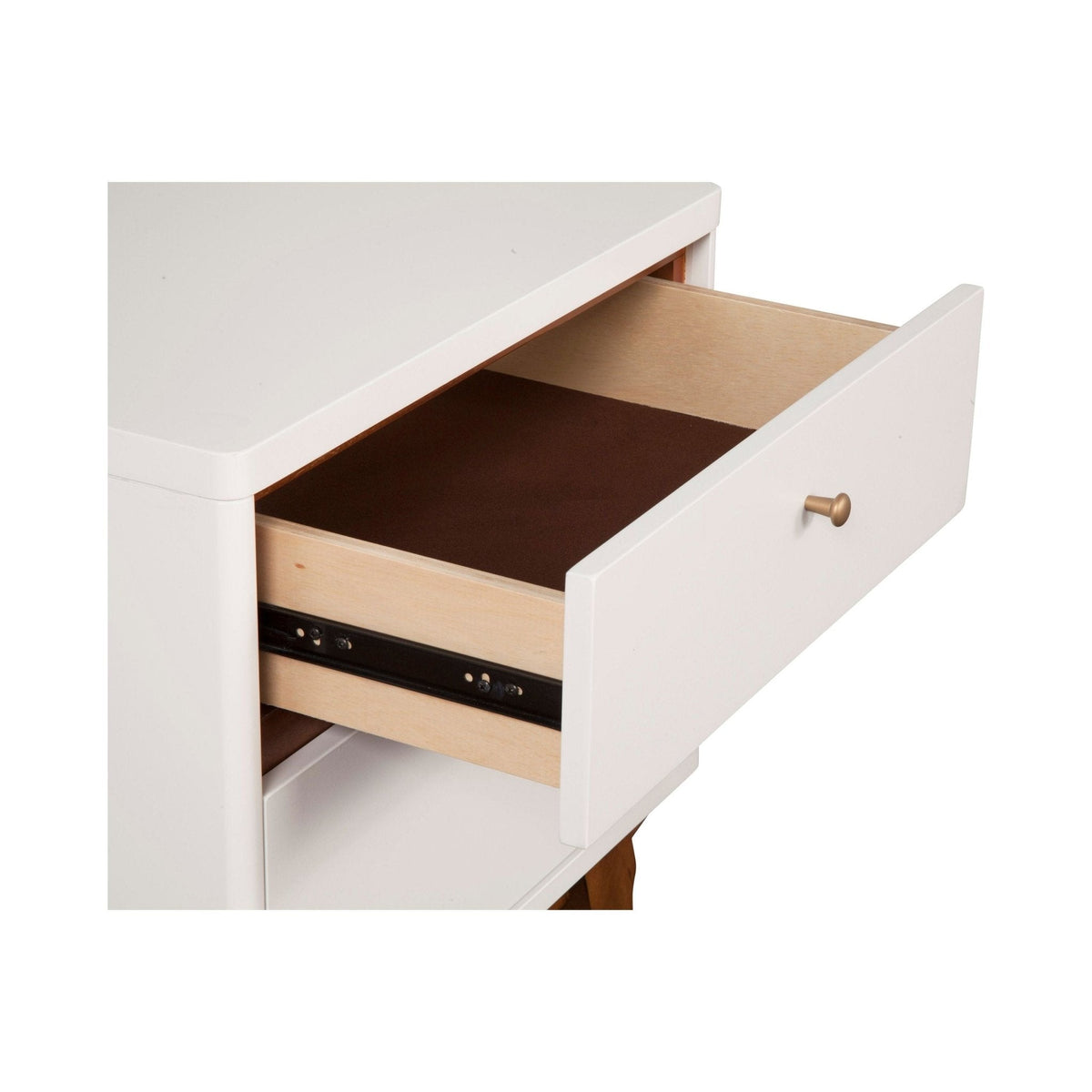 Close-up of an open nightstand drawer showing its interior and glide hardware
