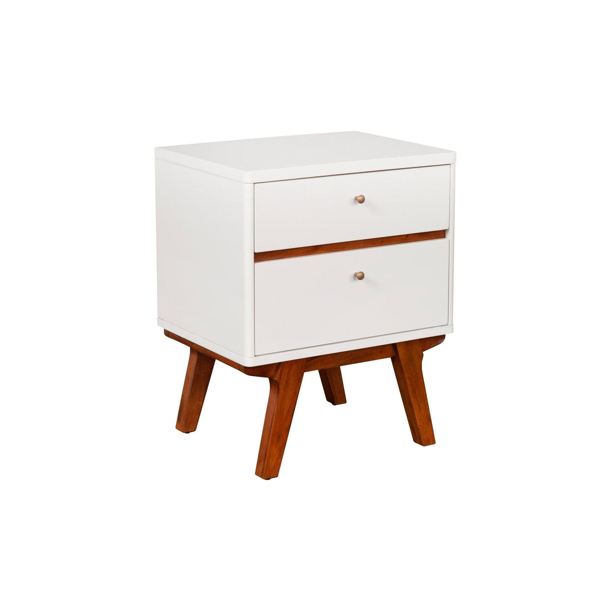 Angled front view of a white two-drawer nightstand with acorn brown legs