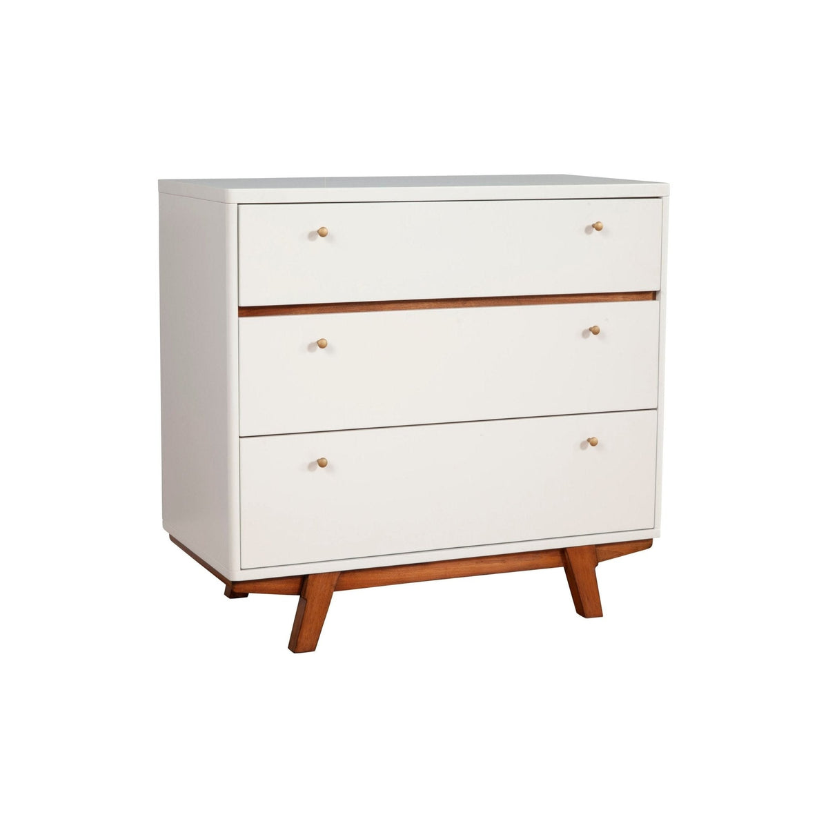 White three-drawer chest with warm brown acorn accents on a plain background
