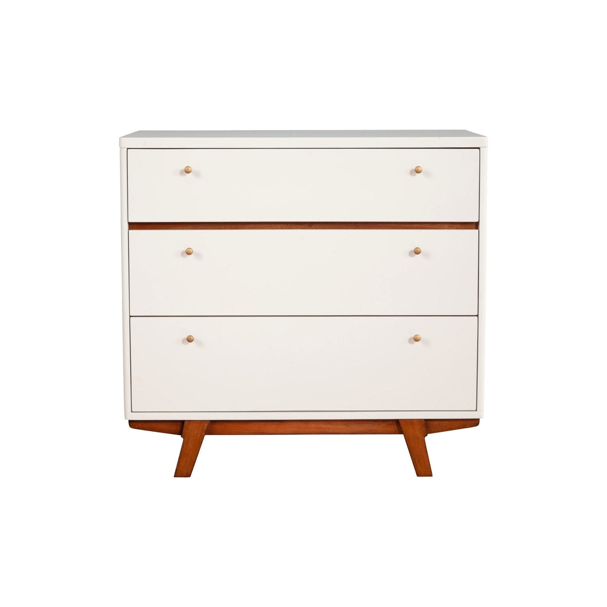 Front view of a white three-drawer chest with warm brown acorn accents