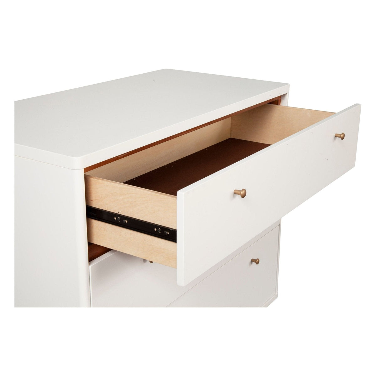 Close angled view of the chest with its top drawer open, showing the drawer interior