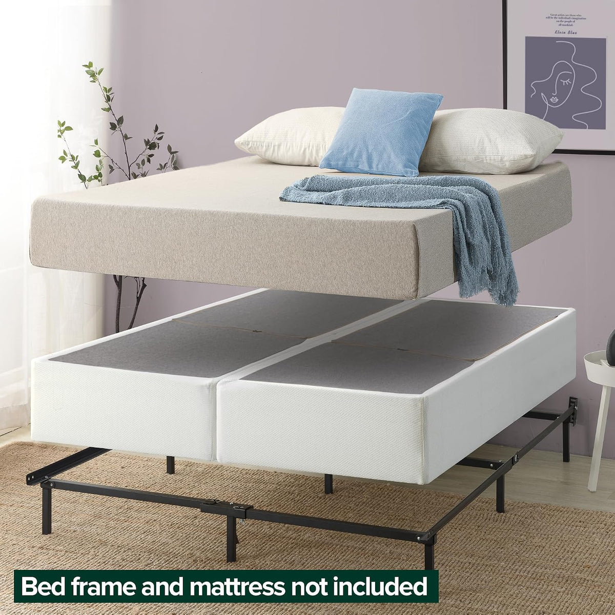Illustration of mattress being placed onto two-piece folding foundations on a bed frame