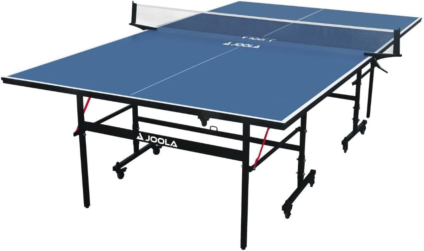 Three-quarter front view of the blue table highlighting red diagonal support straps and black steel legs