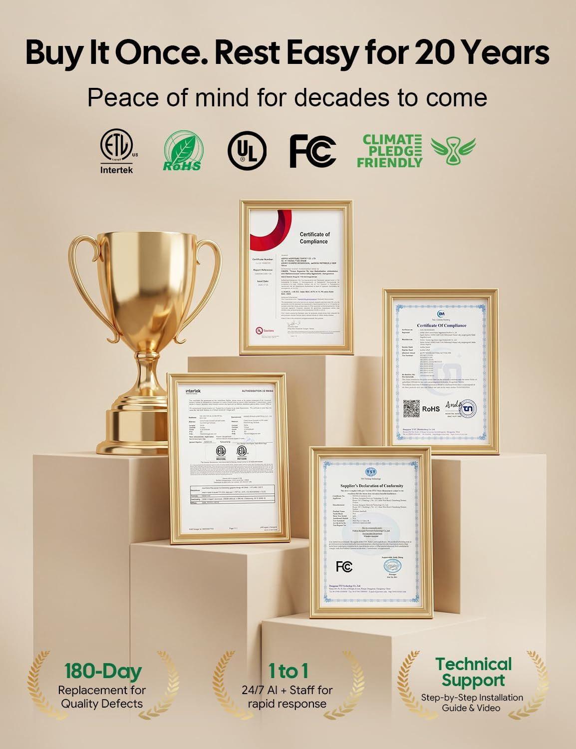 Staged pedestal display with a gold trophy and four framed certificates arranged on cream-colored blocks.