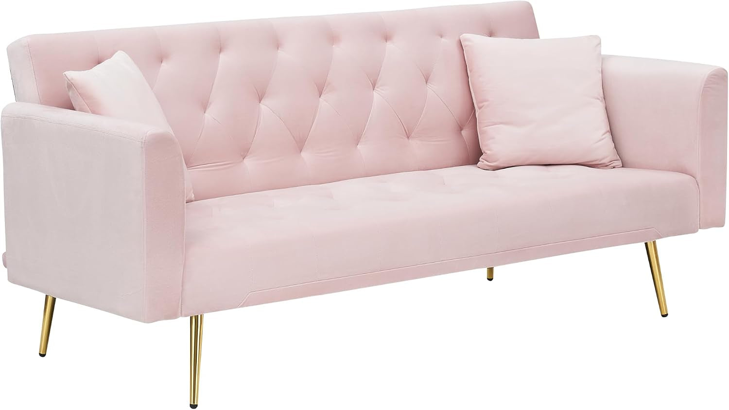 Three-quarter angled view of light pink tufted futon sofa showing armrest and gold legs