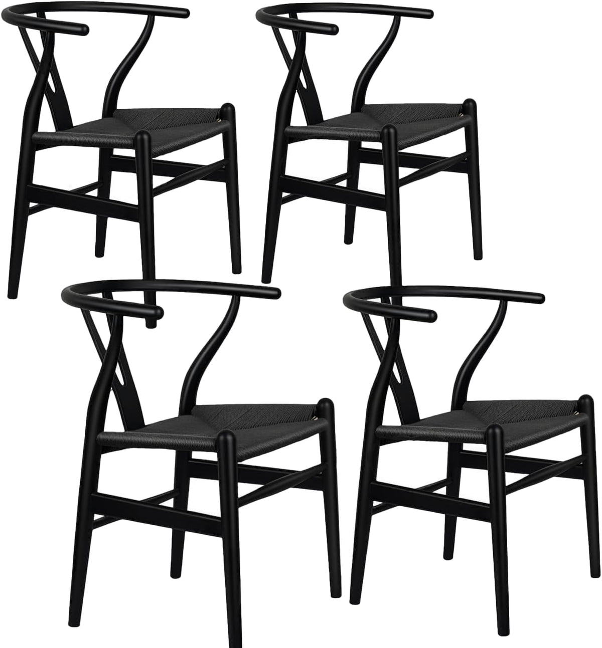 Four black ash wood wishbone dining chairs with black woven seats on white background.