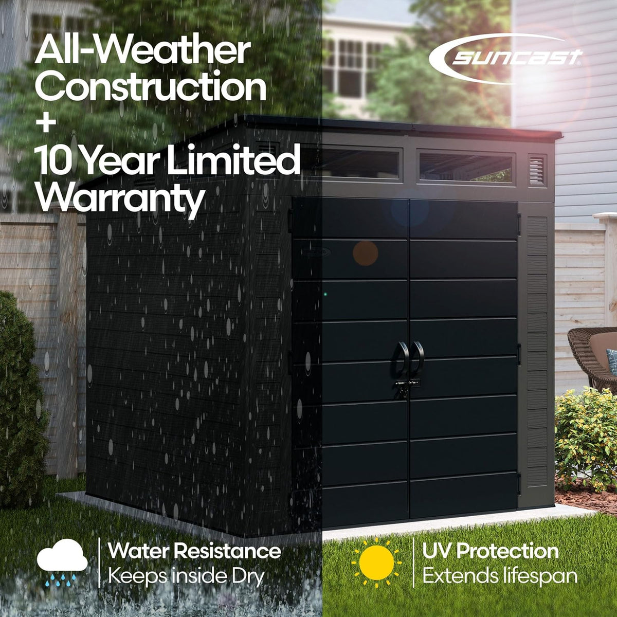 Shed placed in a backyard split to show rain on one side and sunny weather on the other.