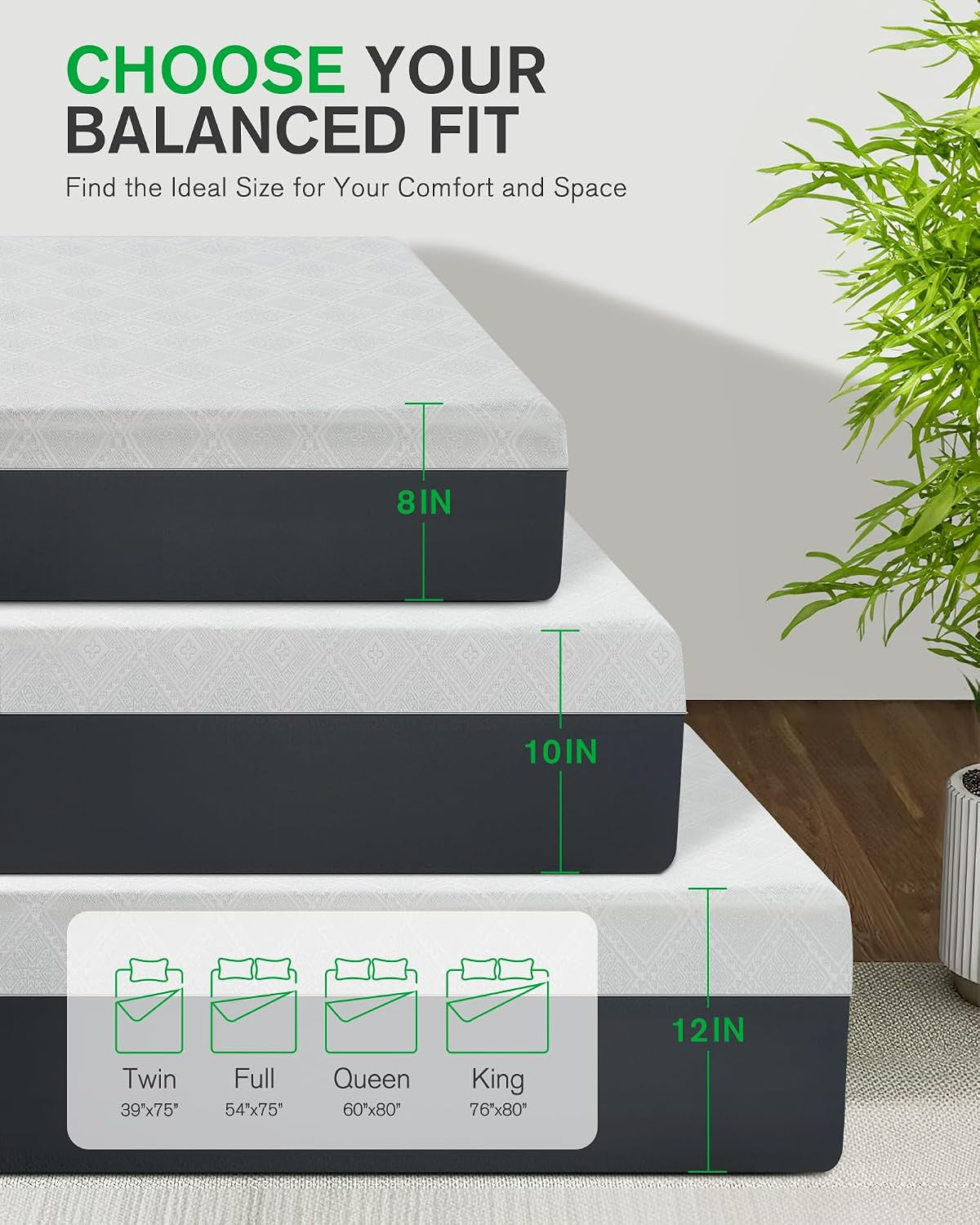 Stacked mattress dimension diagram showing 8-, 10- and 12-inch heights and four bed sizes.