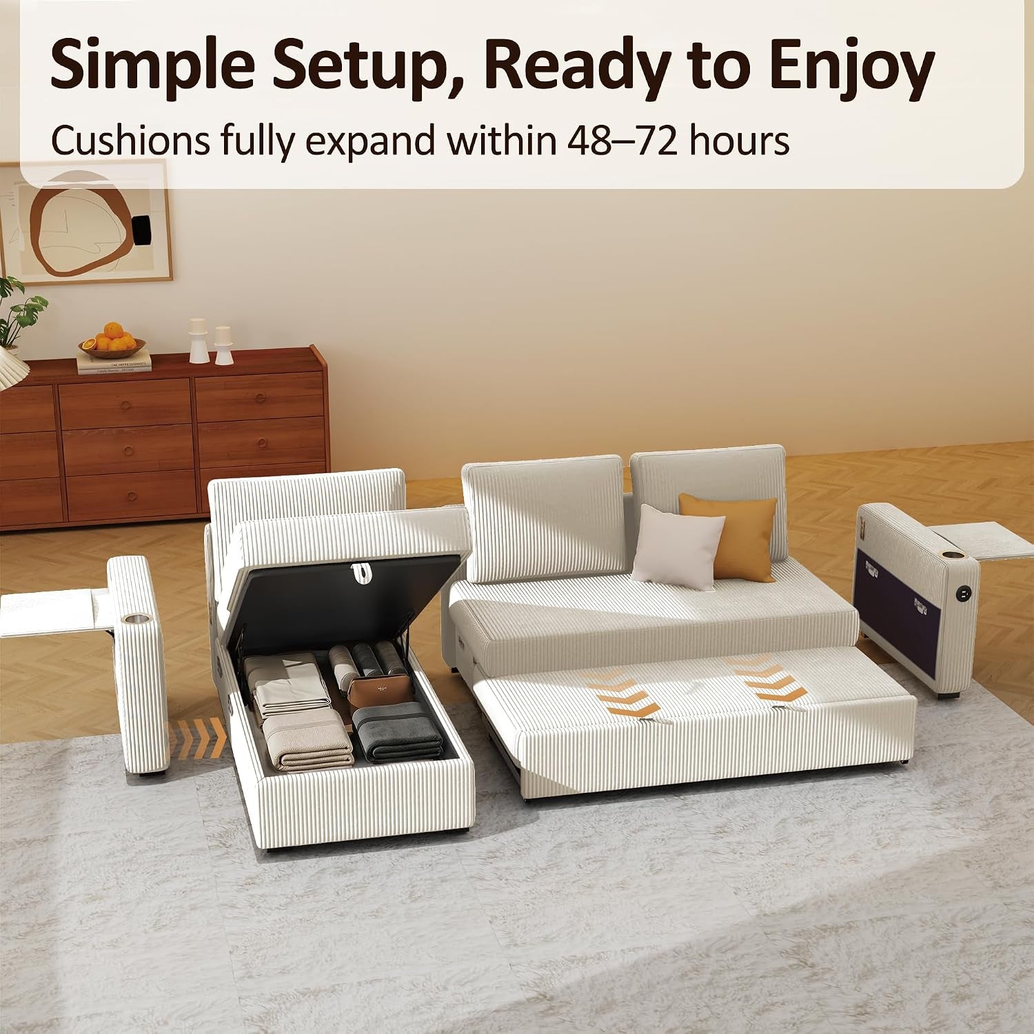 Cream corduroy L-shaped sectional with storage ottoman open and trundle partially pulled out.