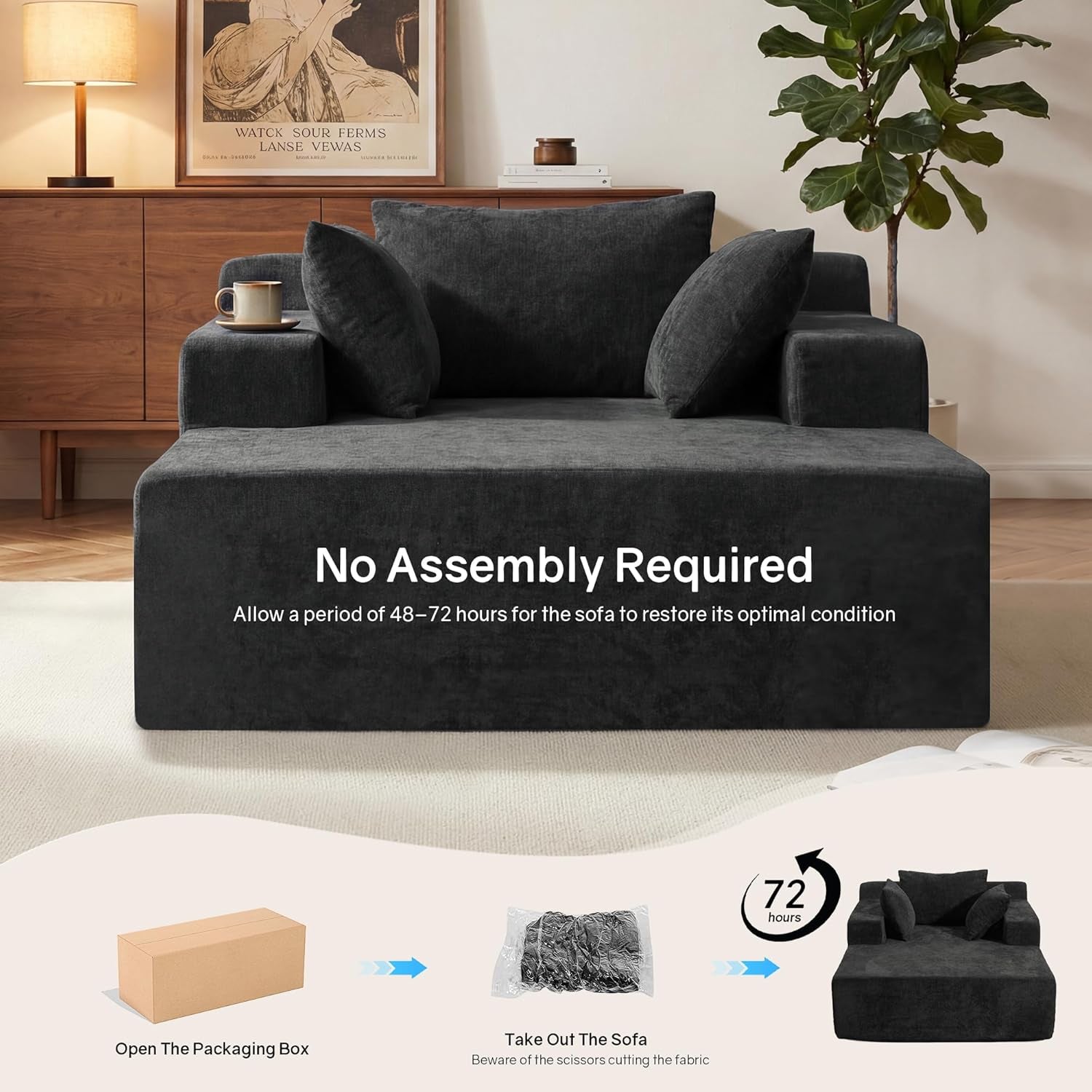 Front view of dark grey boneless chaise lounge in a living room with 'No Assembly Required' overlay text
