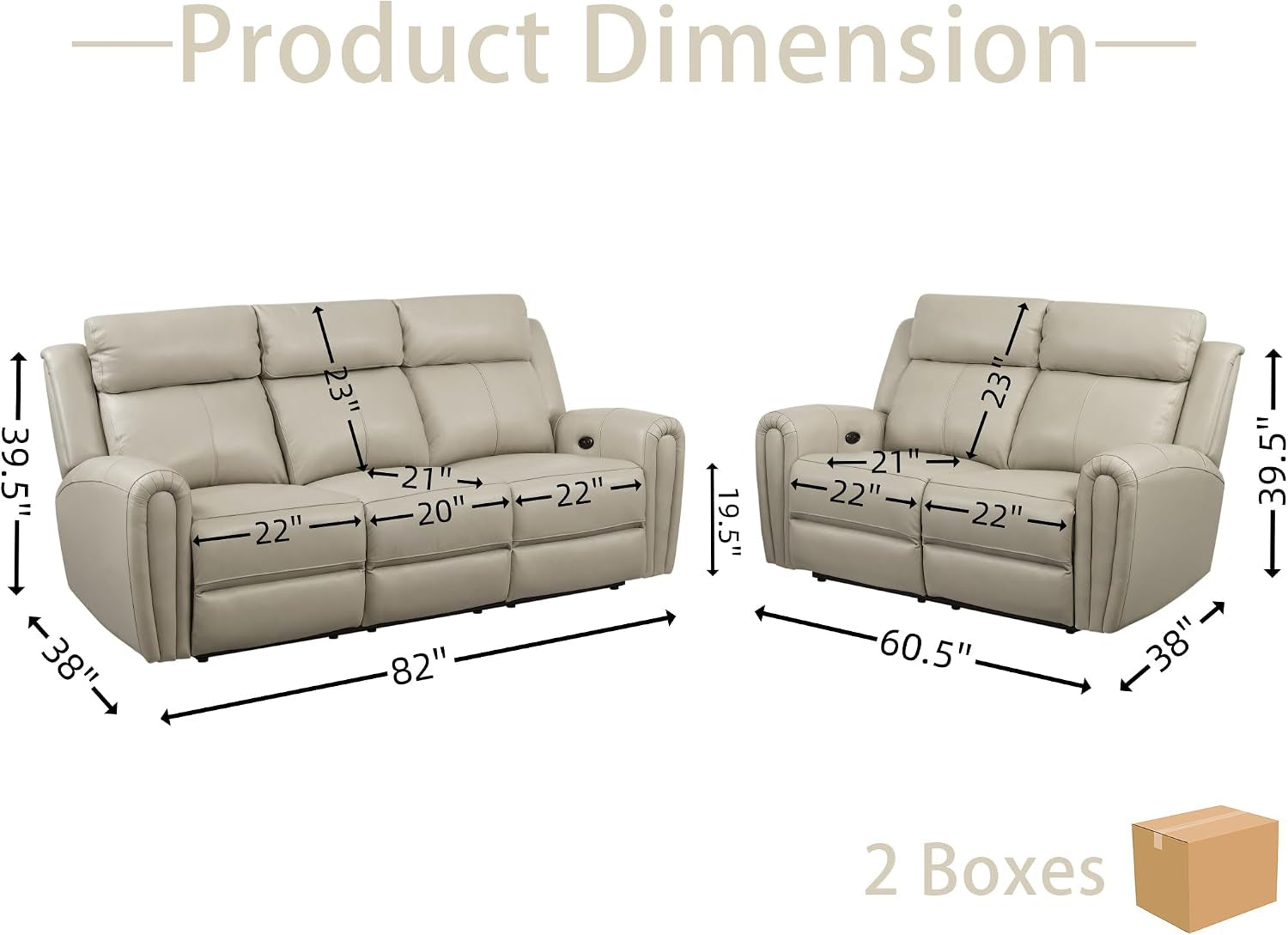 Annotated product dimension diagram showing front views of the 82" sofa and 61" loveseat with measured seat and back heights