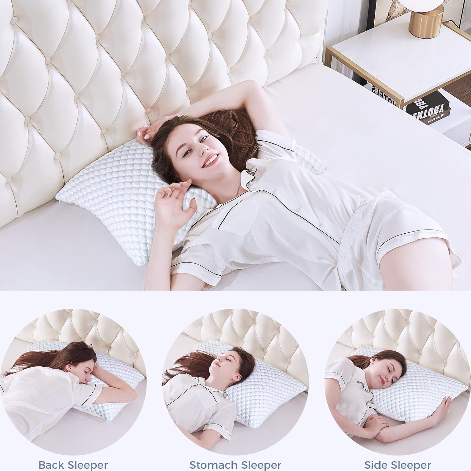 Woman reclining on a white textured pillow in bed with three inset circles showing back, stomach and side sleeping