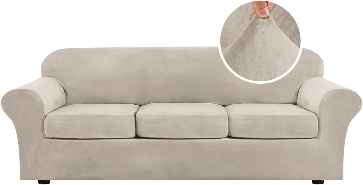 Studio front view of a three-seat sofa in light stone stretch velvet on a white background; circular close-up shows hand