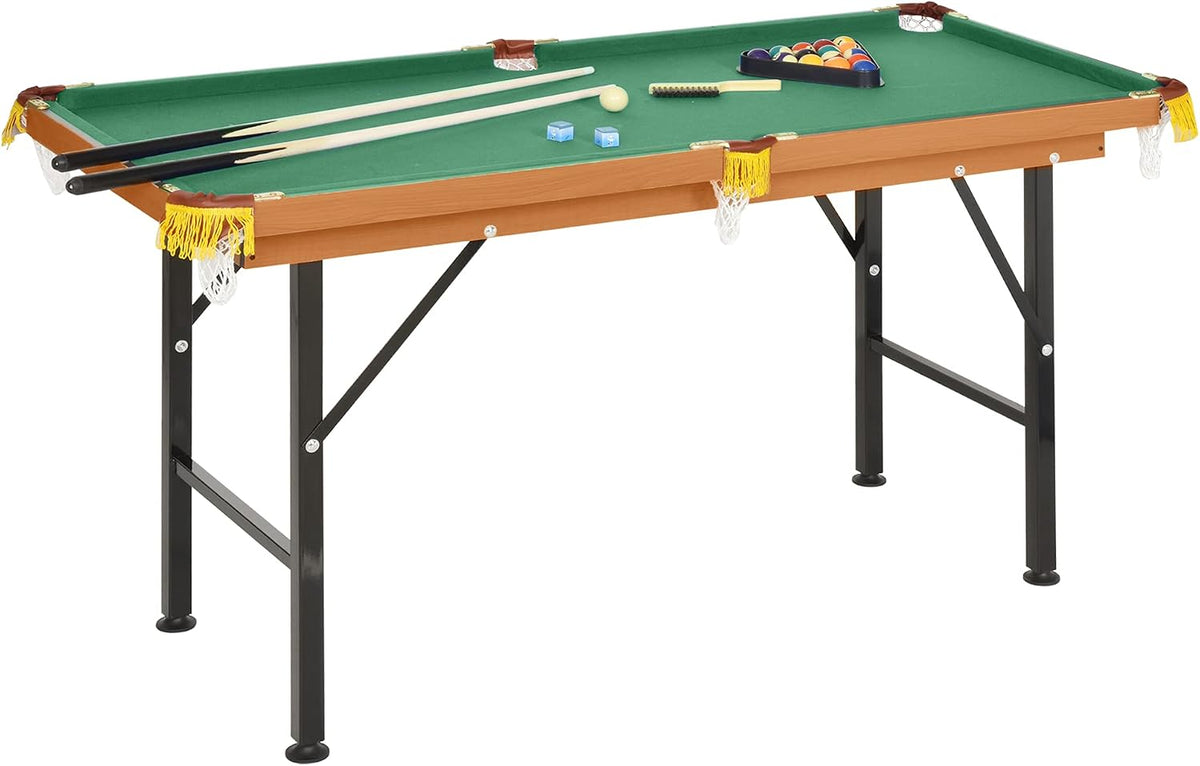 Green-felt mini pool table angled front view showing folding black legs, corner pockets and cues on top