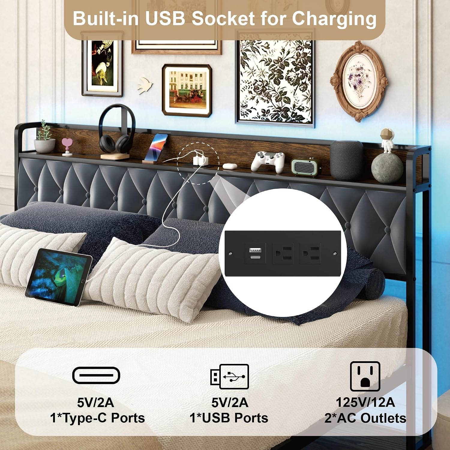 Close-up of headboard shelf with built-in USB and AC outlets and LED backlighting