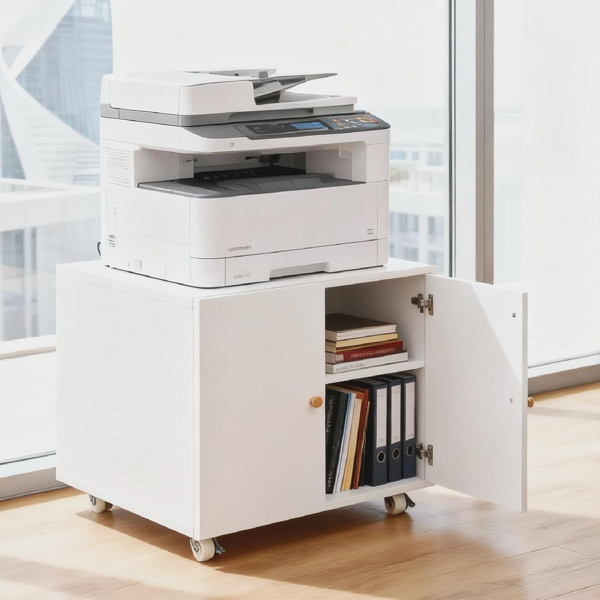 White cabinet topped with a printer, open right door revealing books and binders on the adjustable shelf, window background