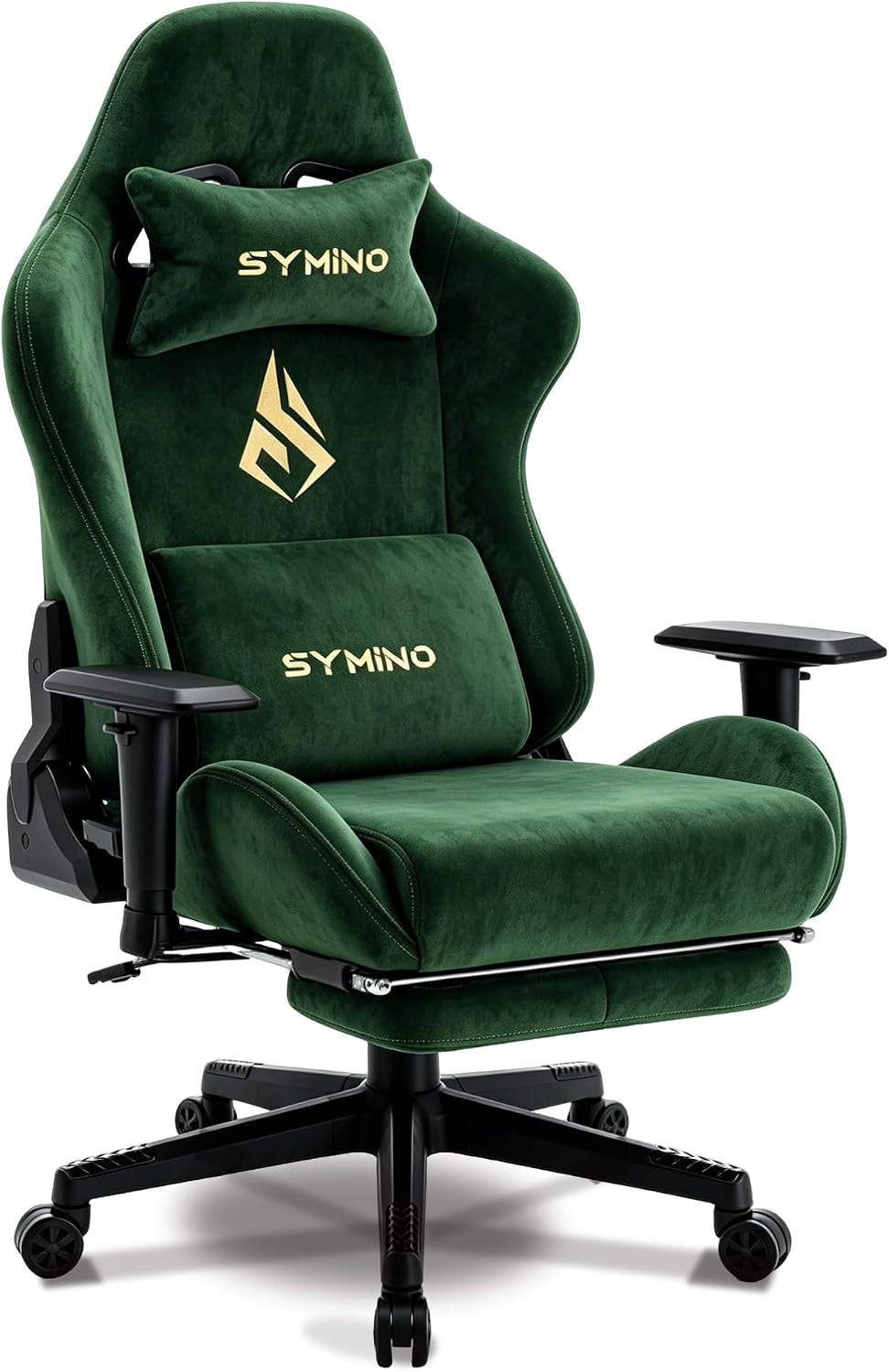 Green faux suede high-back gaming chair front three-quarter view with footrest extended and lumbar/head cushion visible