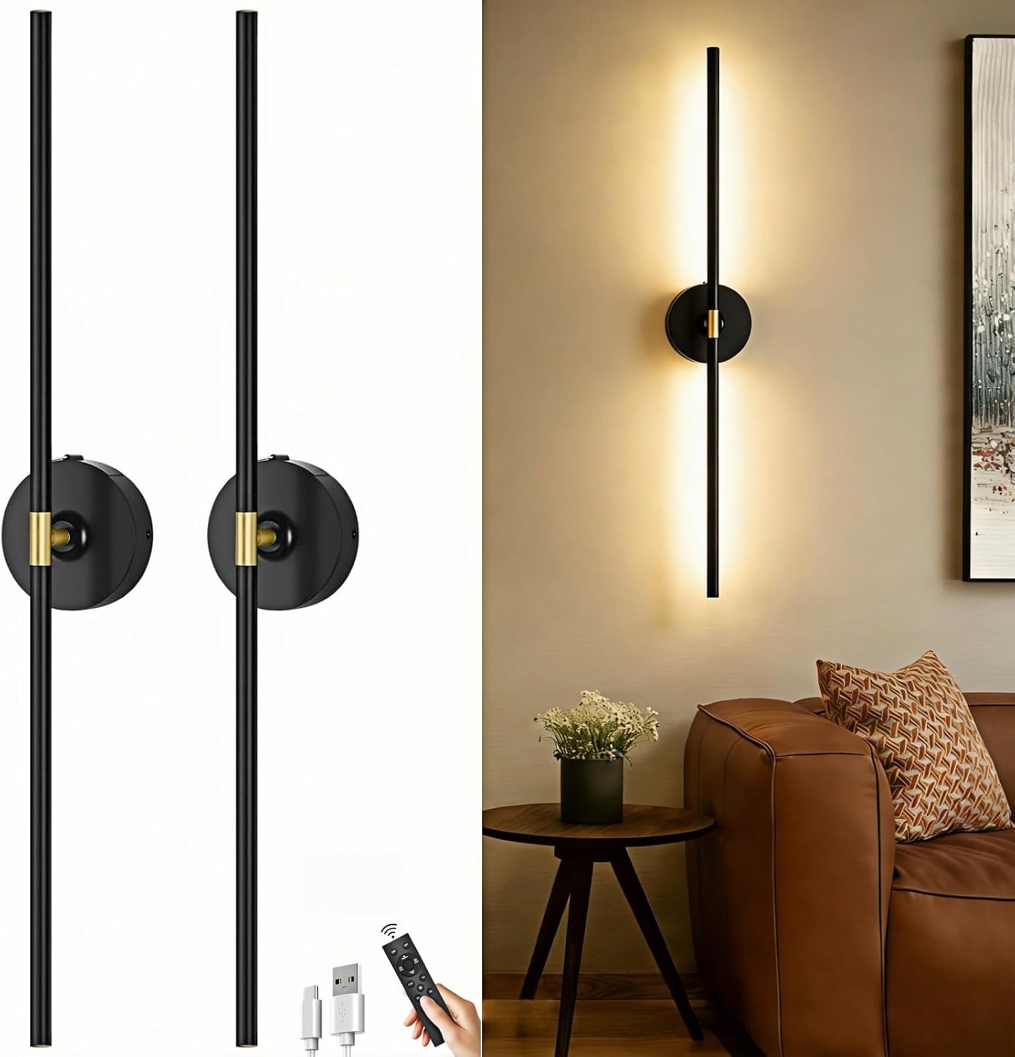 Black vertical cordless wall sconce pair with one lit beside a sofa, shown with USB‑C cable and remote control.