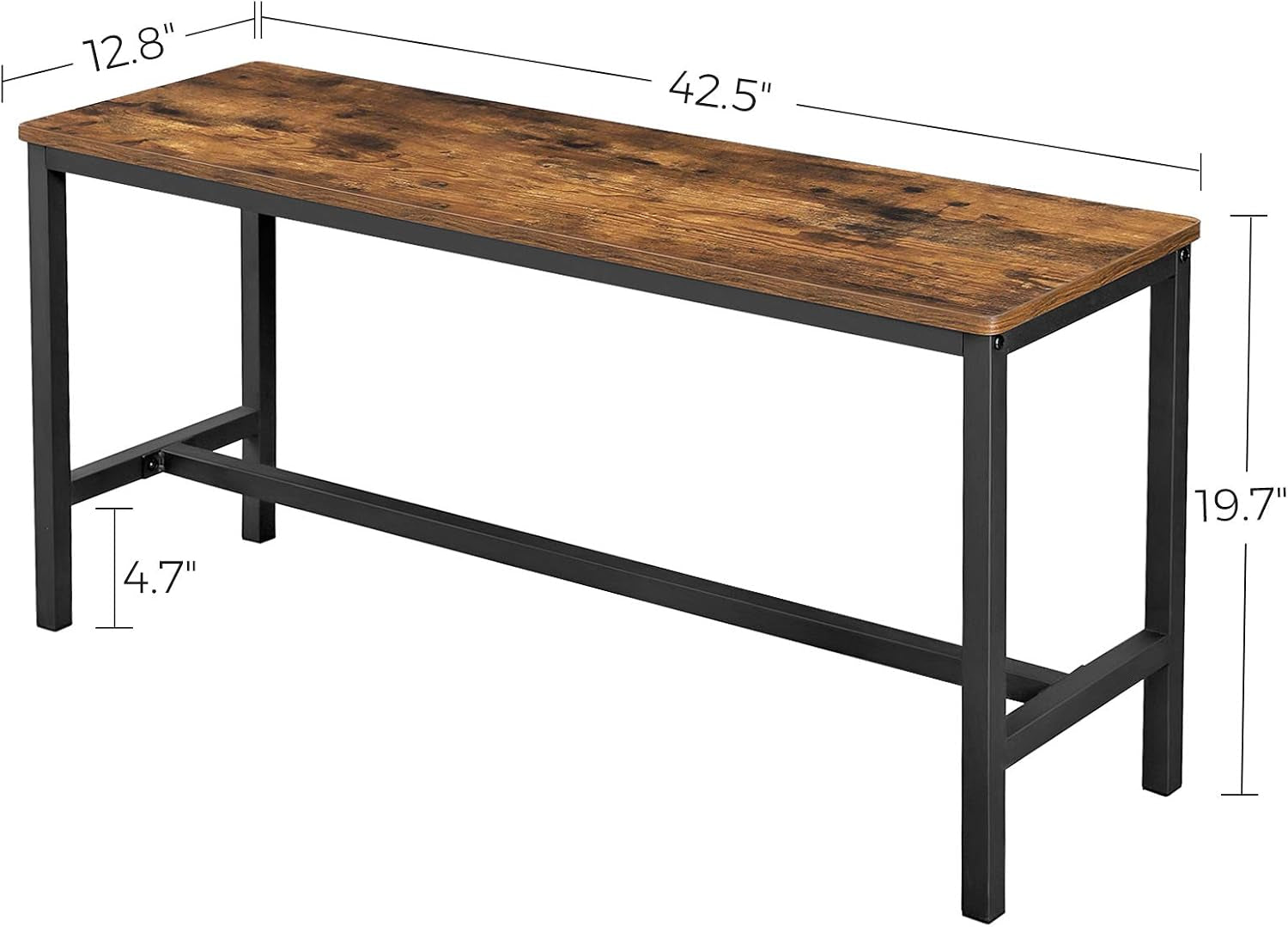 Single bench with dimension callouts showing 42.5 by 12.8 by 19.7 inches on a white background