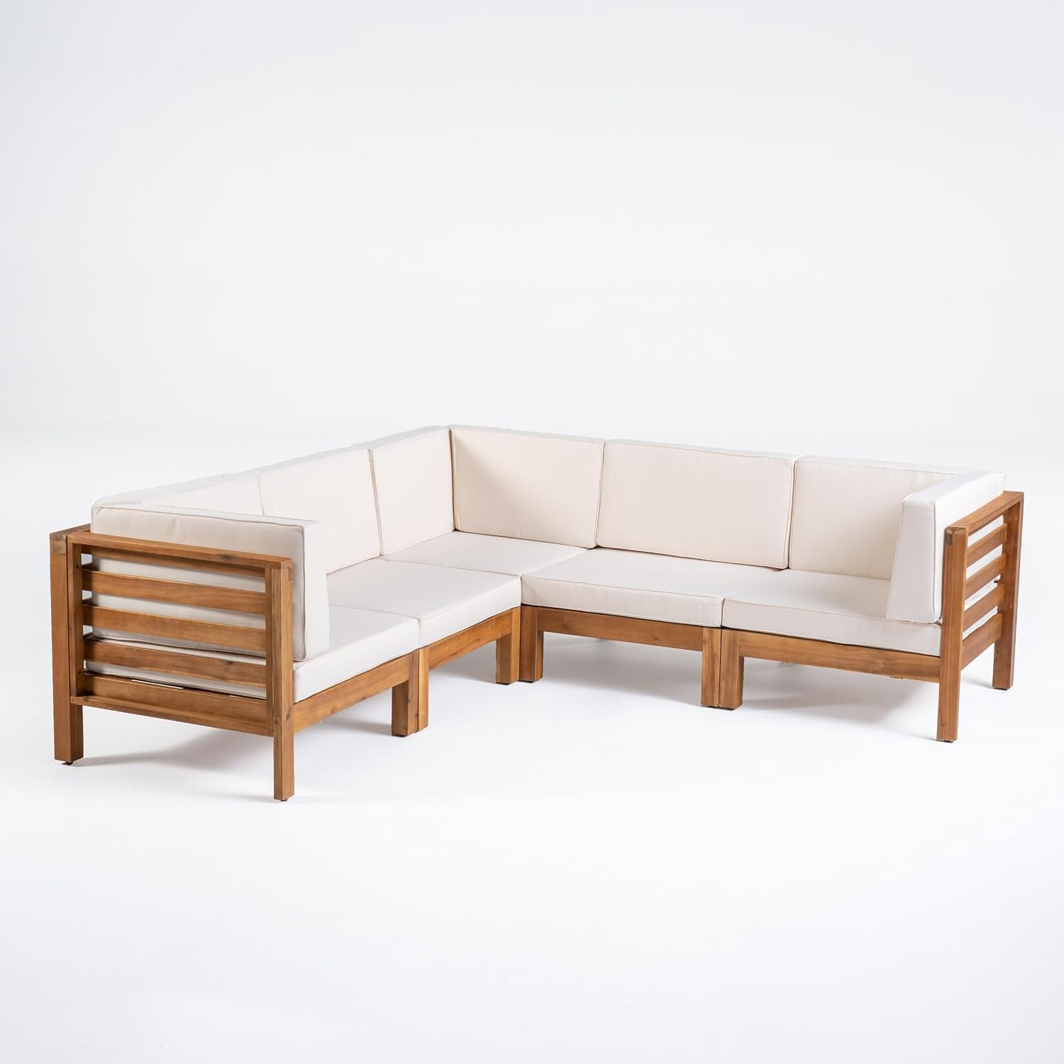 Beige-cushioned 5-seat modular outdoor sectional with teak-finish acacia frame, angled front view on white background