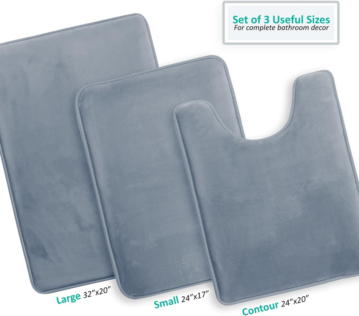 Three stone blue velvet bath mats overlapped on a white background, flatlay close-up