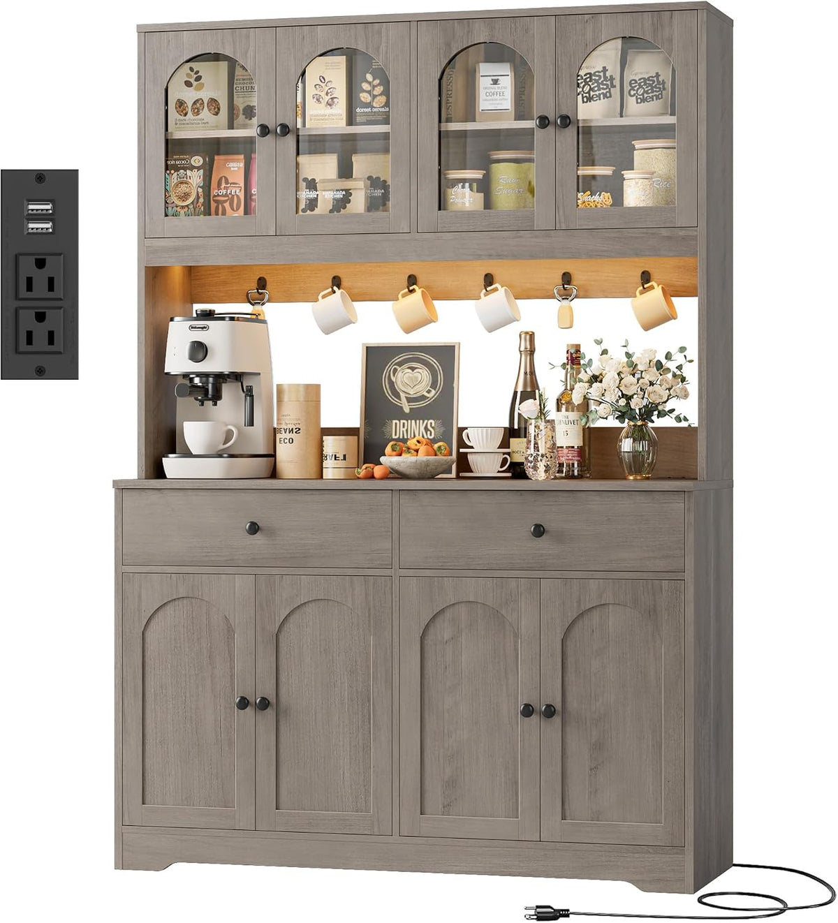 Gray pantry hutch styled as a coffee station with espresso machine, cups and a 'drinks' sign