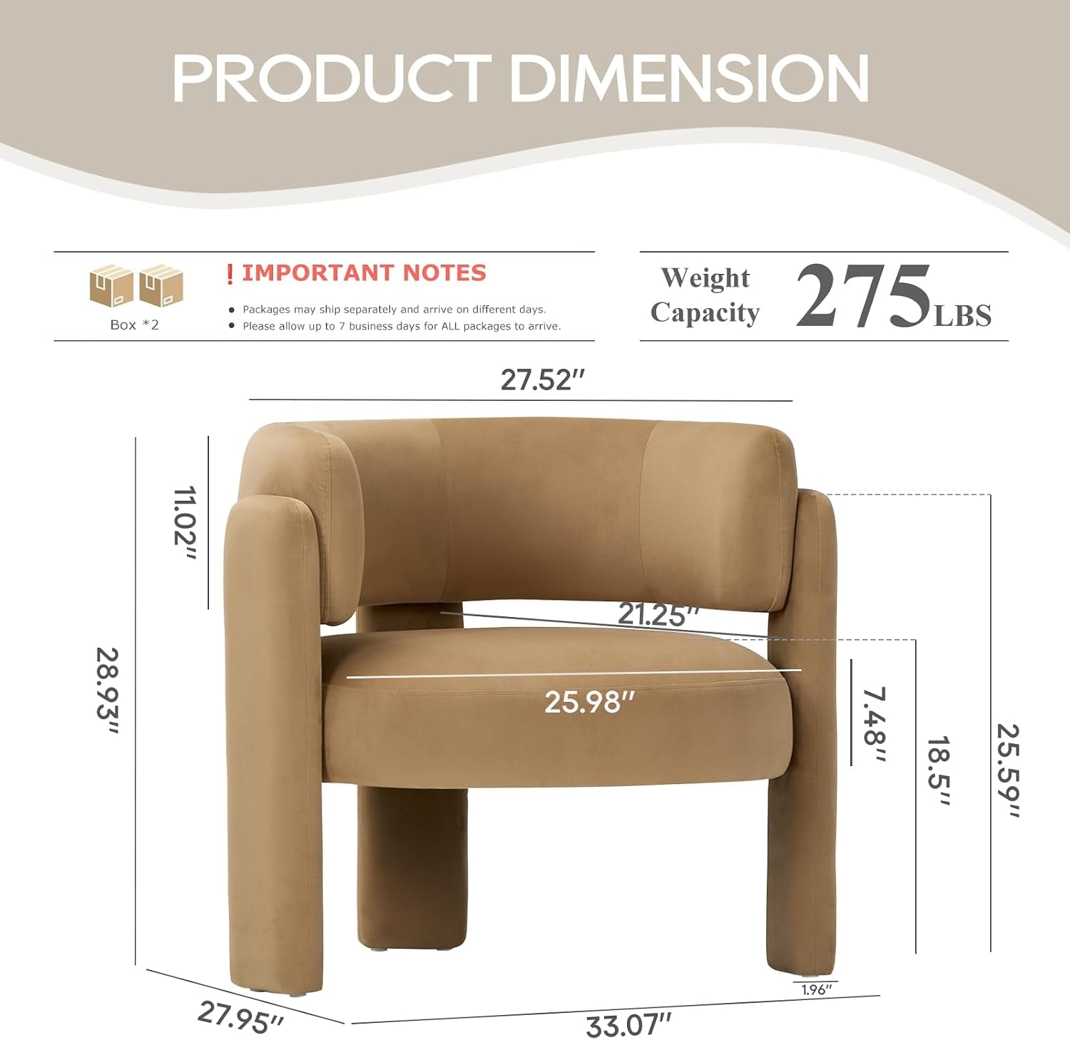 Single khaki chair front view with overlaid product dimensions and weight capacity callout