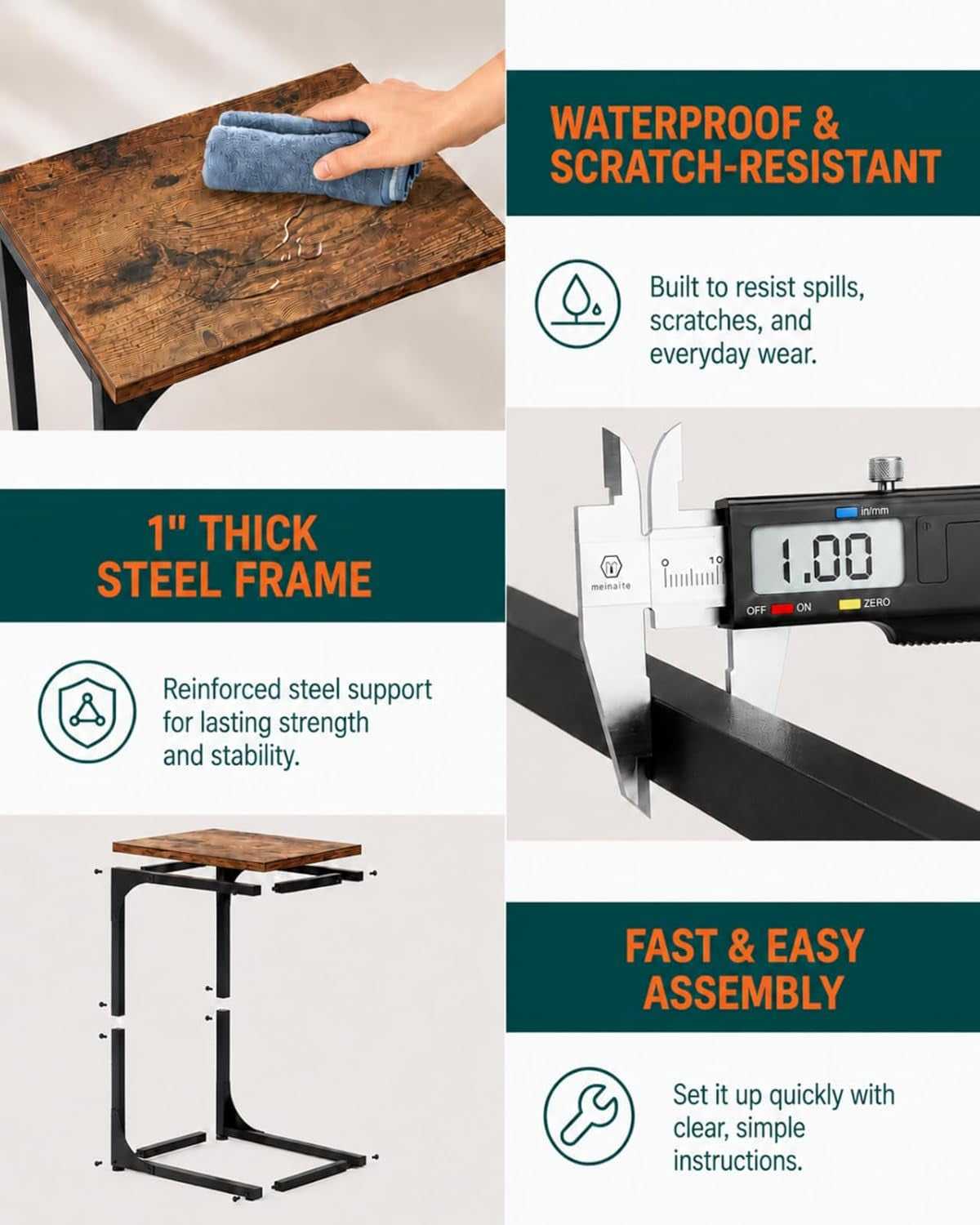 Close-up collage showing waterproof tabletop, 1-inch steel frame caliper reading, and exploded assembly view