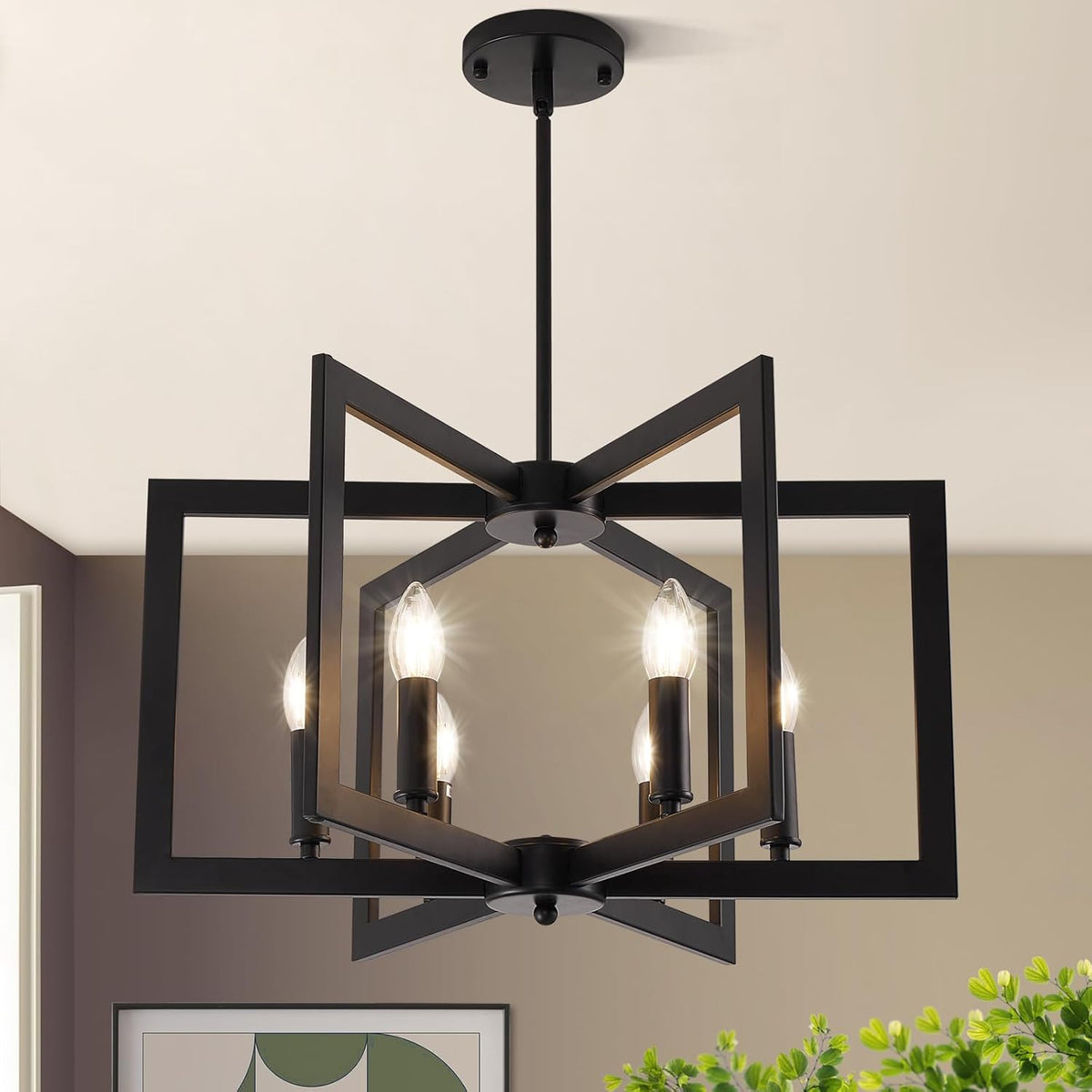 Close-up view of a black geometric six-light chandelier hanging from a ceiling mount.
