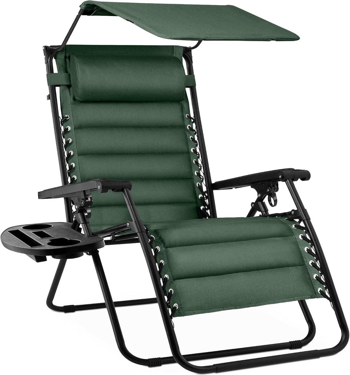 Side view of a dark green zero-gravity recliner showing adjustable canopy, padded seat and laced sides