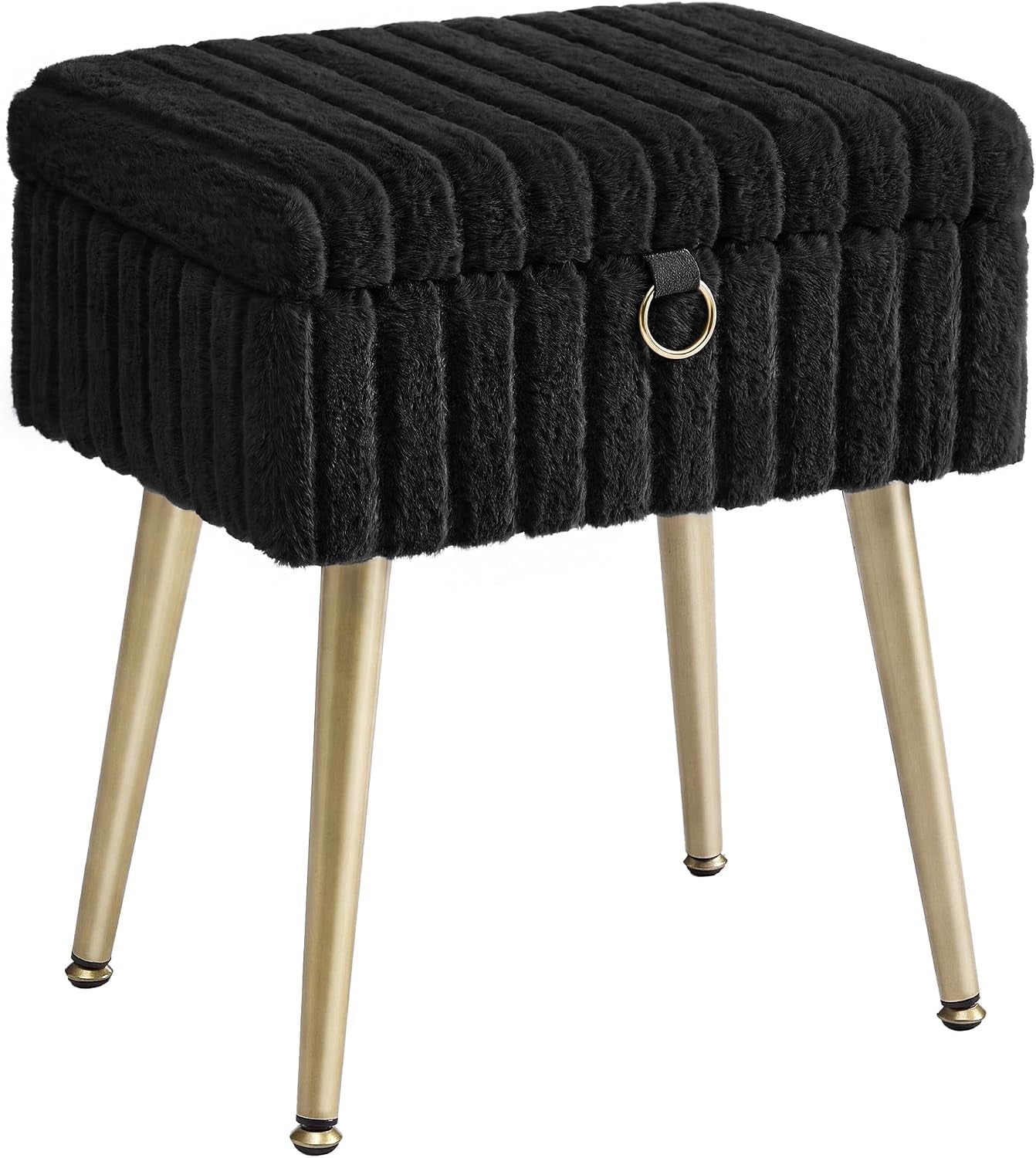 Three-quarter view of a black plush vanity stool with gold tapered legs and ring pull