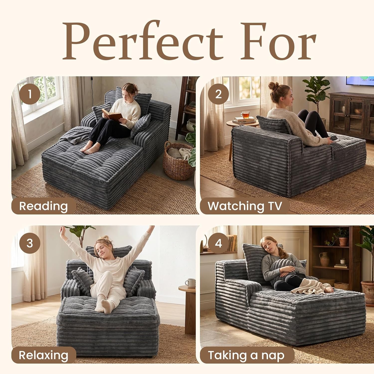 Four small scenes showing the chaise used for reading, watching TV, relaxing, and napping.