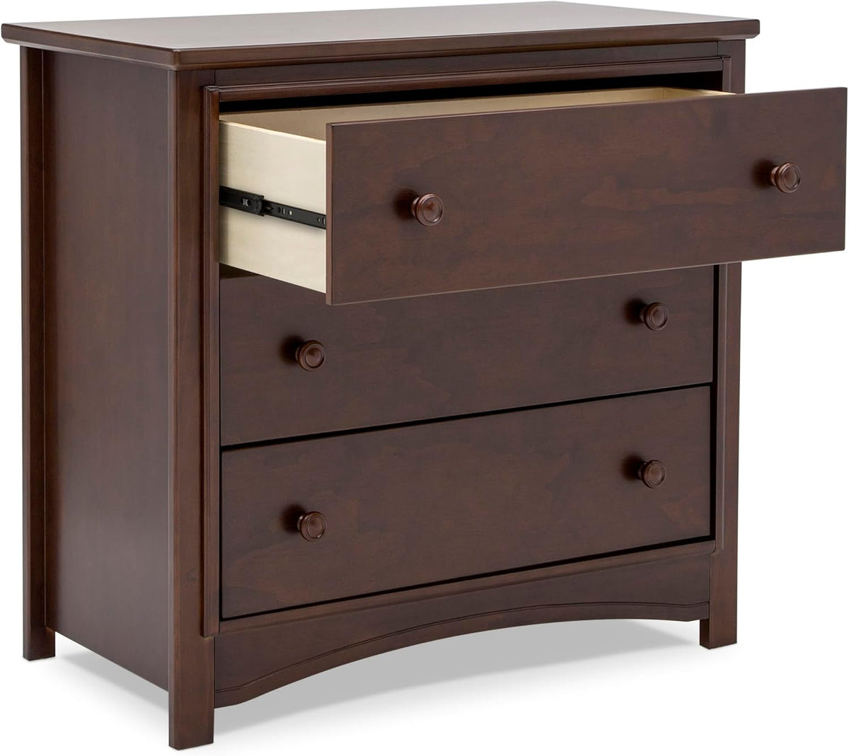Three-drawer walnut dresser with top changing tray and top drawer partially open, front view.