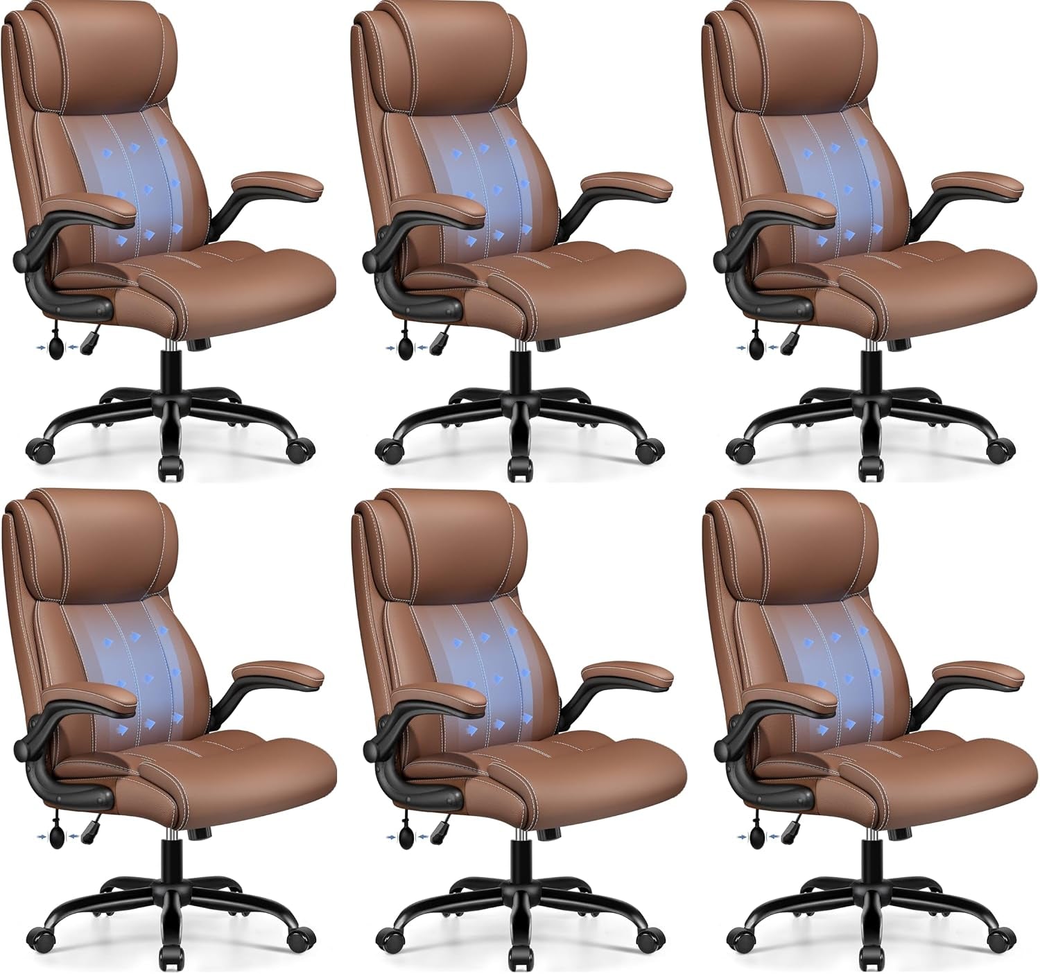 Six brown PU leather office chairs shown in a 3x2 grid, angled slightly to the right.