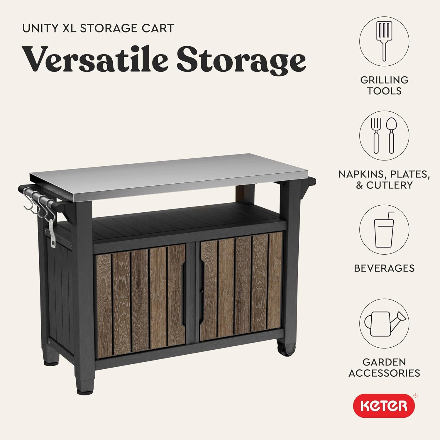 Outdoor storage cart with stainless top, wood‑look double doors and side hooks on light background