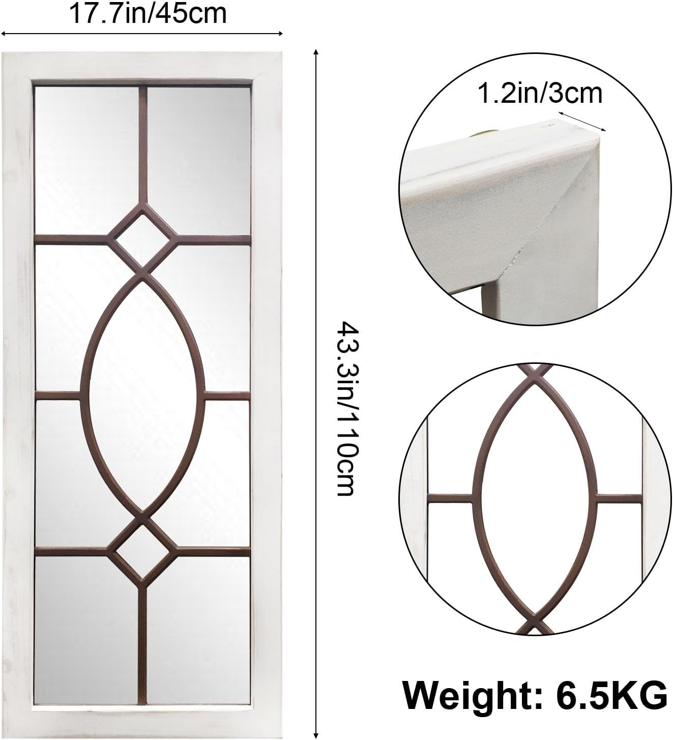 Vertical view with dimensions marked 43.3 x 17.7 inches and circular close-ups of the frame and slat details