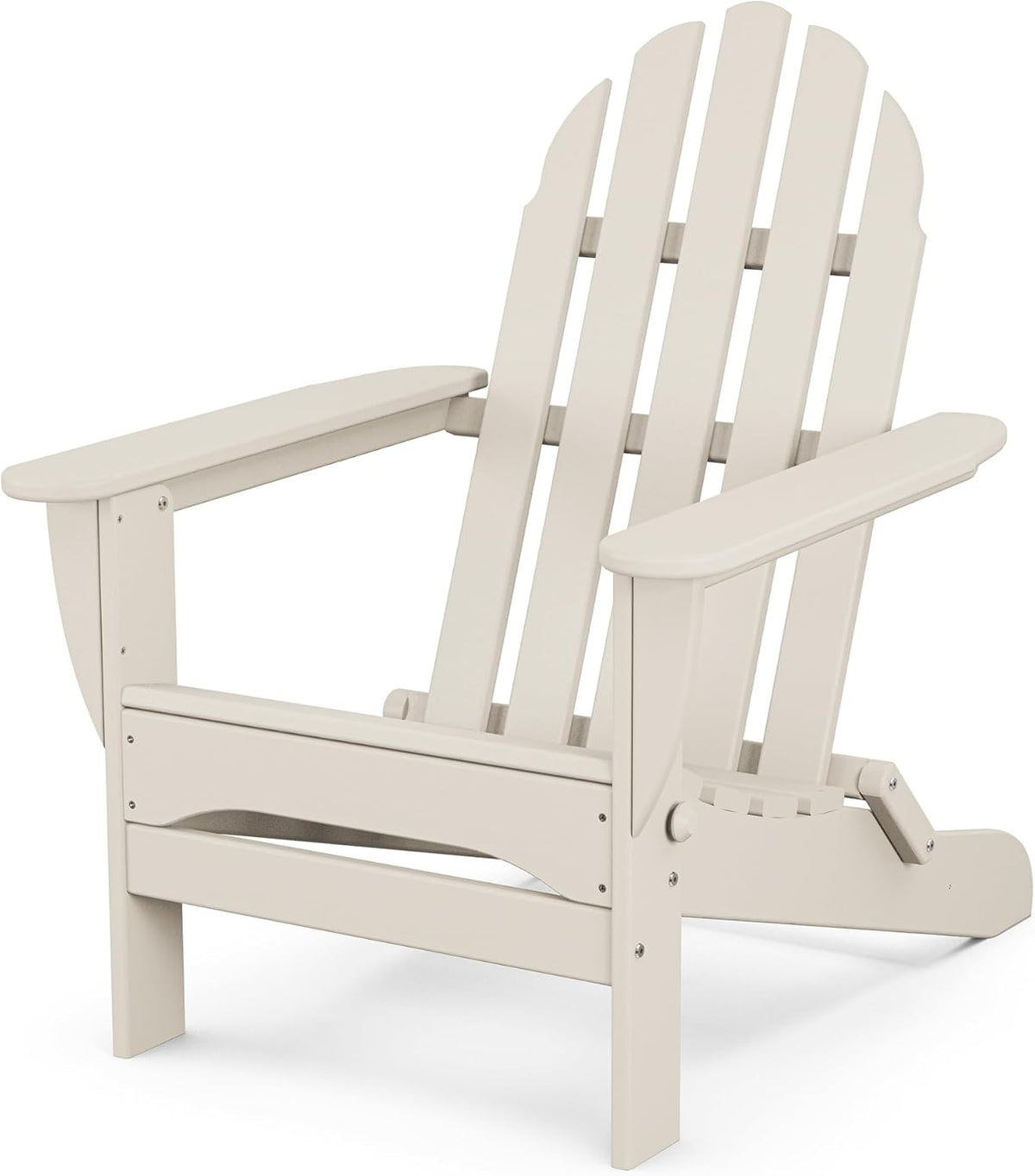 Cream-colored Adirondack chair viewed from the front-right, displaying slatted back and curved arm tops