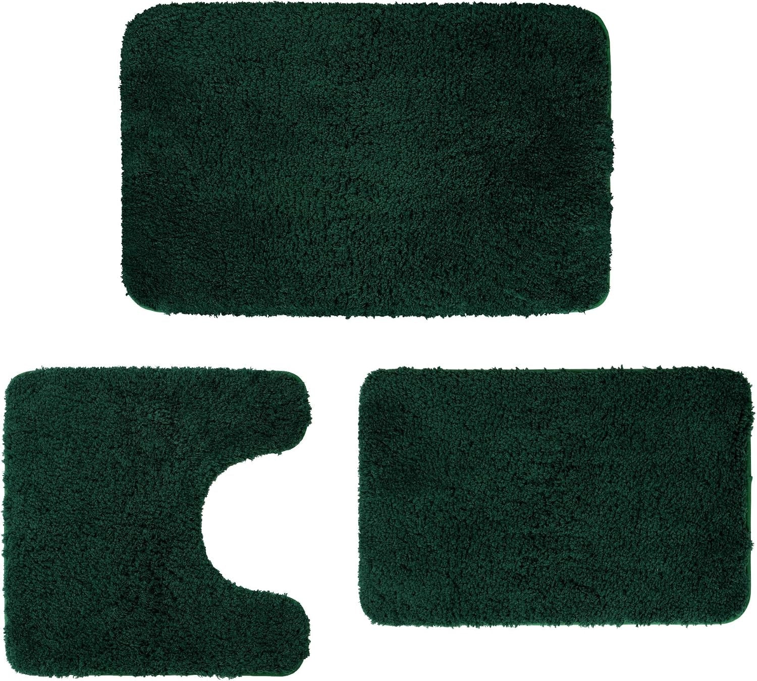 Three-piece deep green bathroom rug set laid flat, includes U-shaped toilet mat