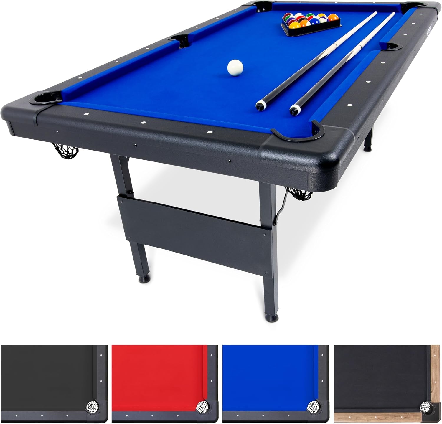 Angled front view of a blue-cloth pool table with two cues, a racked set of balls and foldable metal legs.
