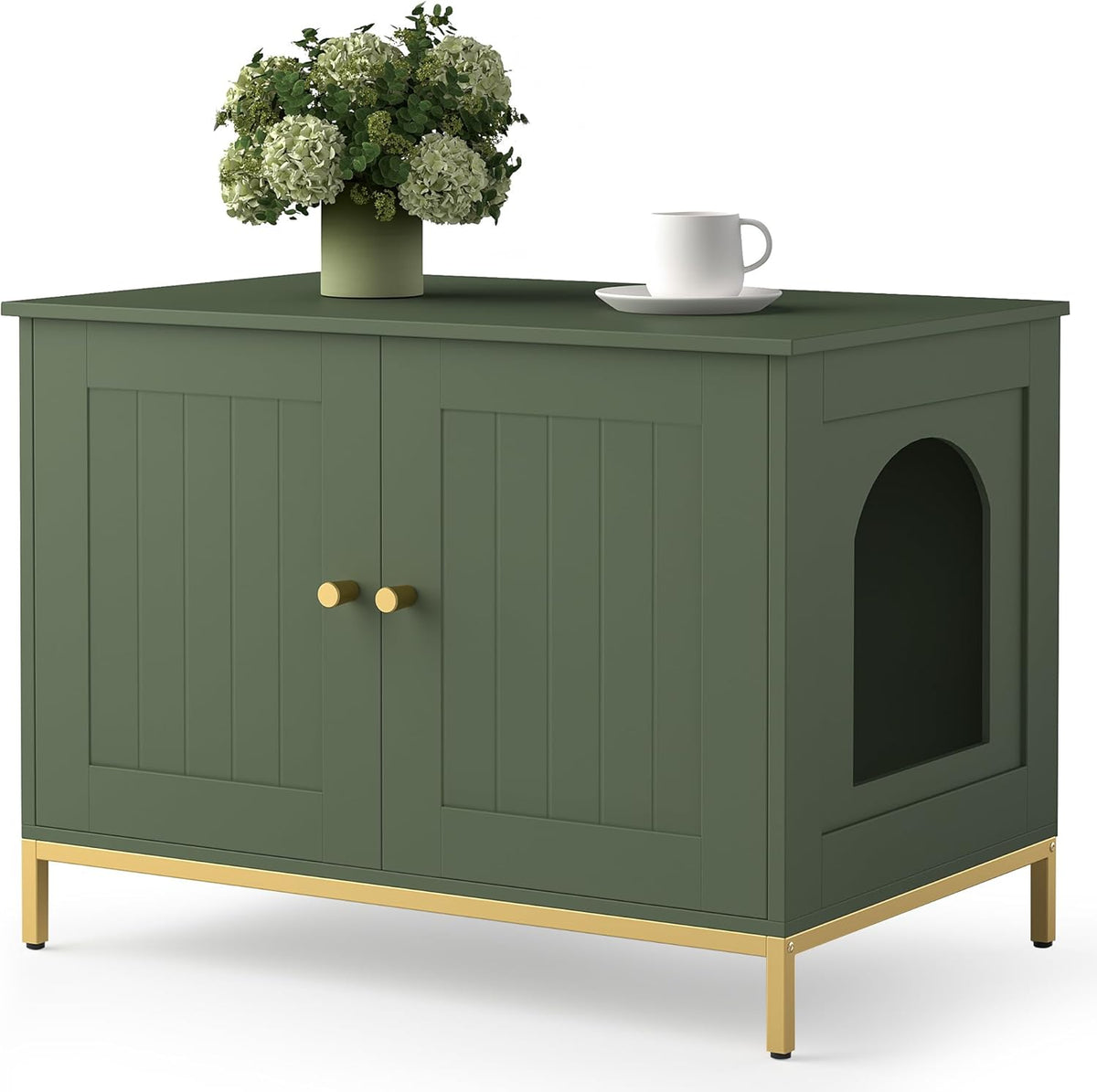 Three-quarter view of a green litter-box cabinet with gold metal legs and a side arched entry, vase and cup on top.