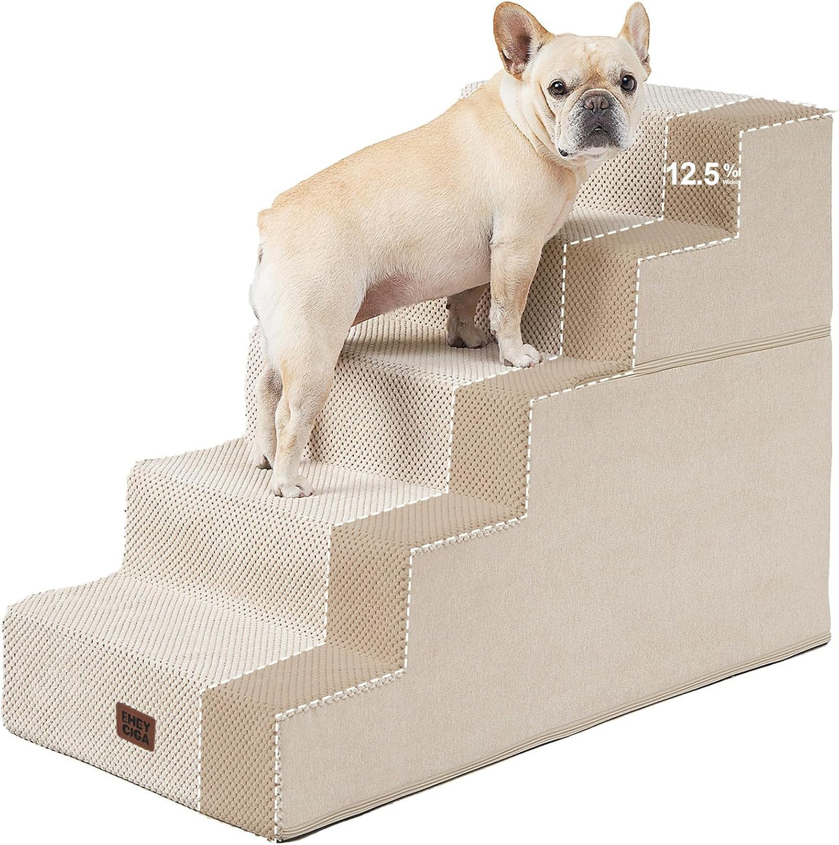 Dog standing on beige four-step stairs shown with dashed outlines on risers