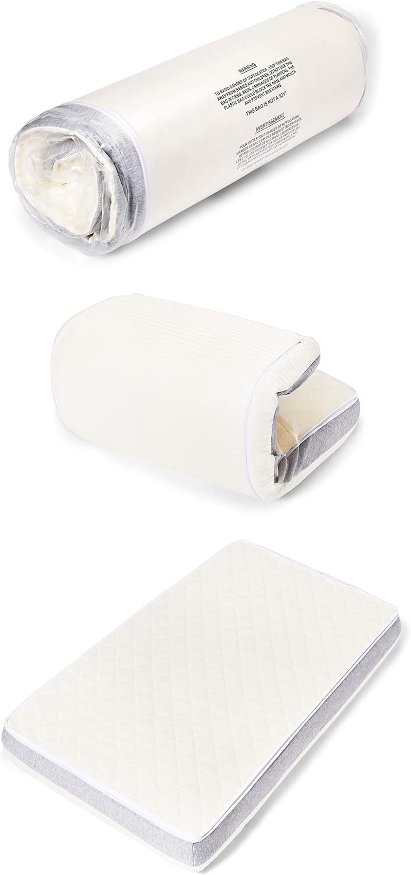 Three-stage view: mattress rolled in plastic, partially unrolled, and fully laid flat
