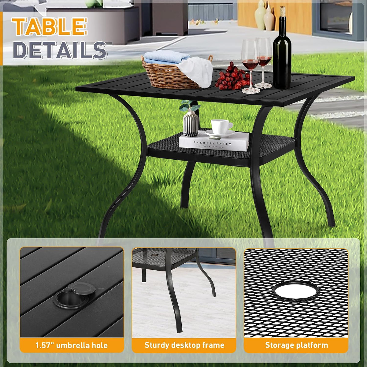 Square table shown alone on grass with inset shots of umbrella hole, leg frame and mesh storage shelf