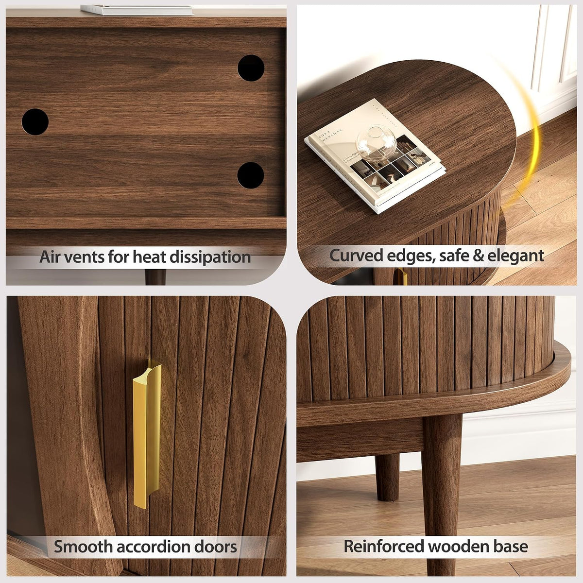 Detail collage showing tambour door texture and handle, curved top edge, air vents and raised wooden base