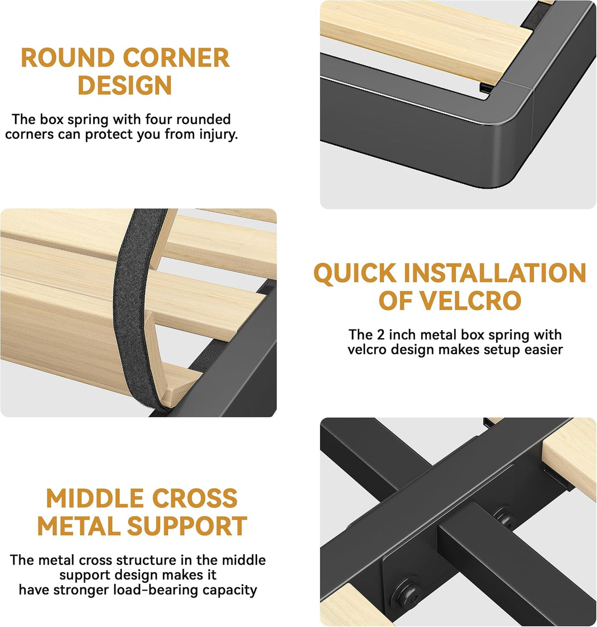 Close-up collage showing rounded metal corner, Velcro strap on a wooden slat, and the central metal cross support