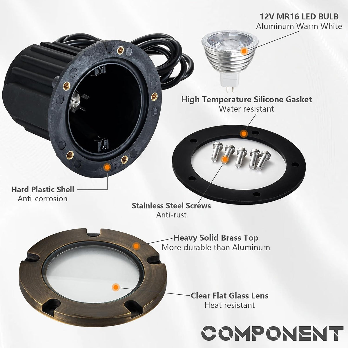 Disassembled view showing hard plastic shell, brass top, clear glass lens, gasket and stainless steel screws